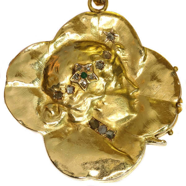 Antique Art Nouveau good luck charm locket with four leaf clover woman's head